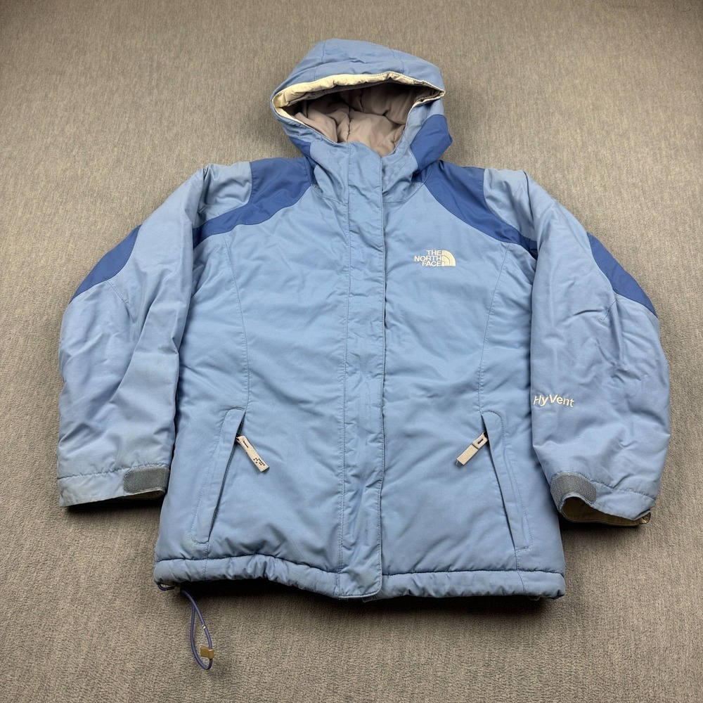 The North Face Jacket Girls Medium Blue Hyvent Hooded Full Zip Outdoor Rain Coat
